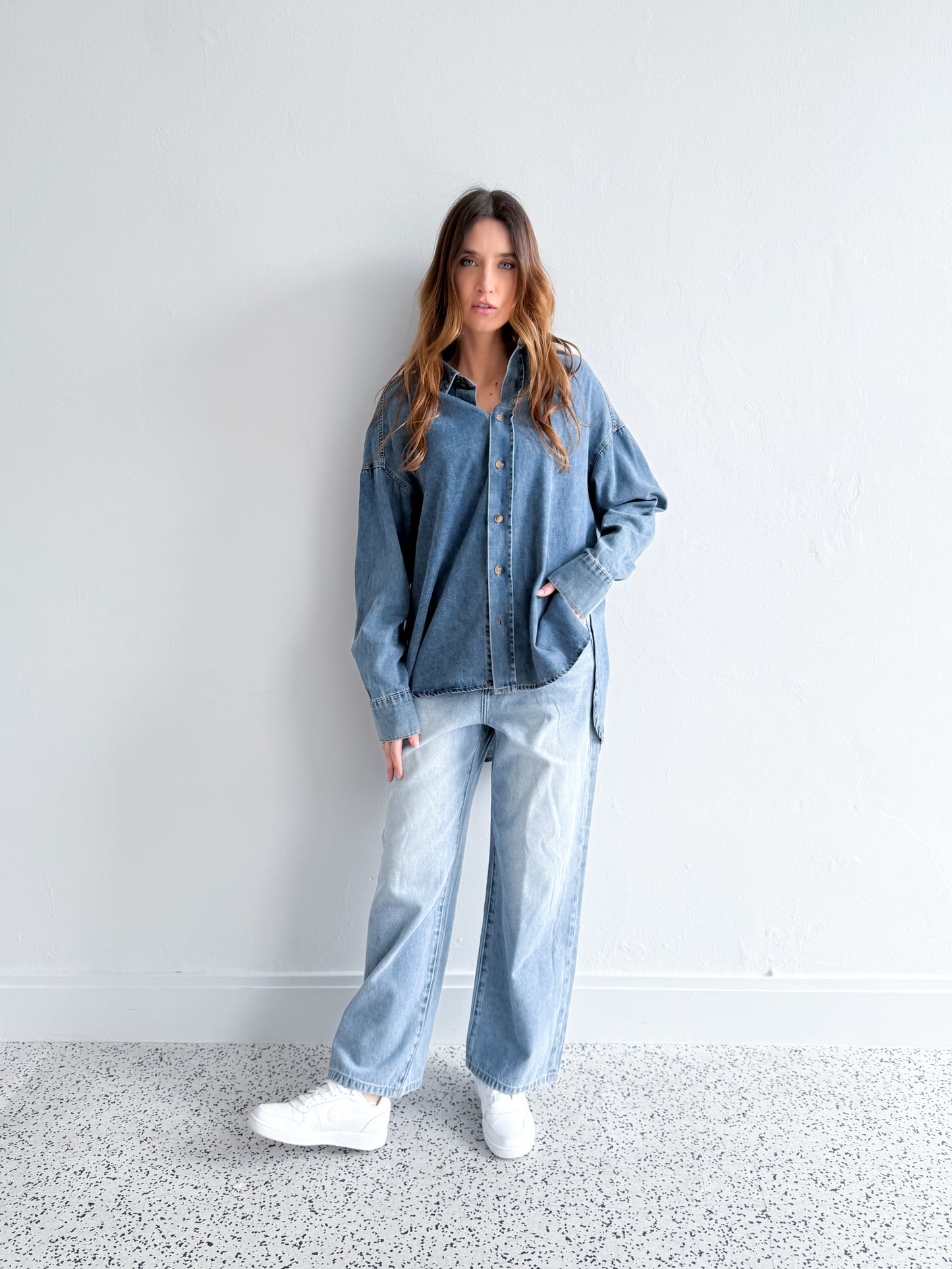 Naomi Pleat Denim Shirt - Mid Wash