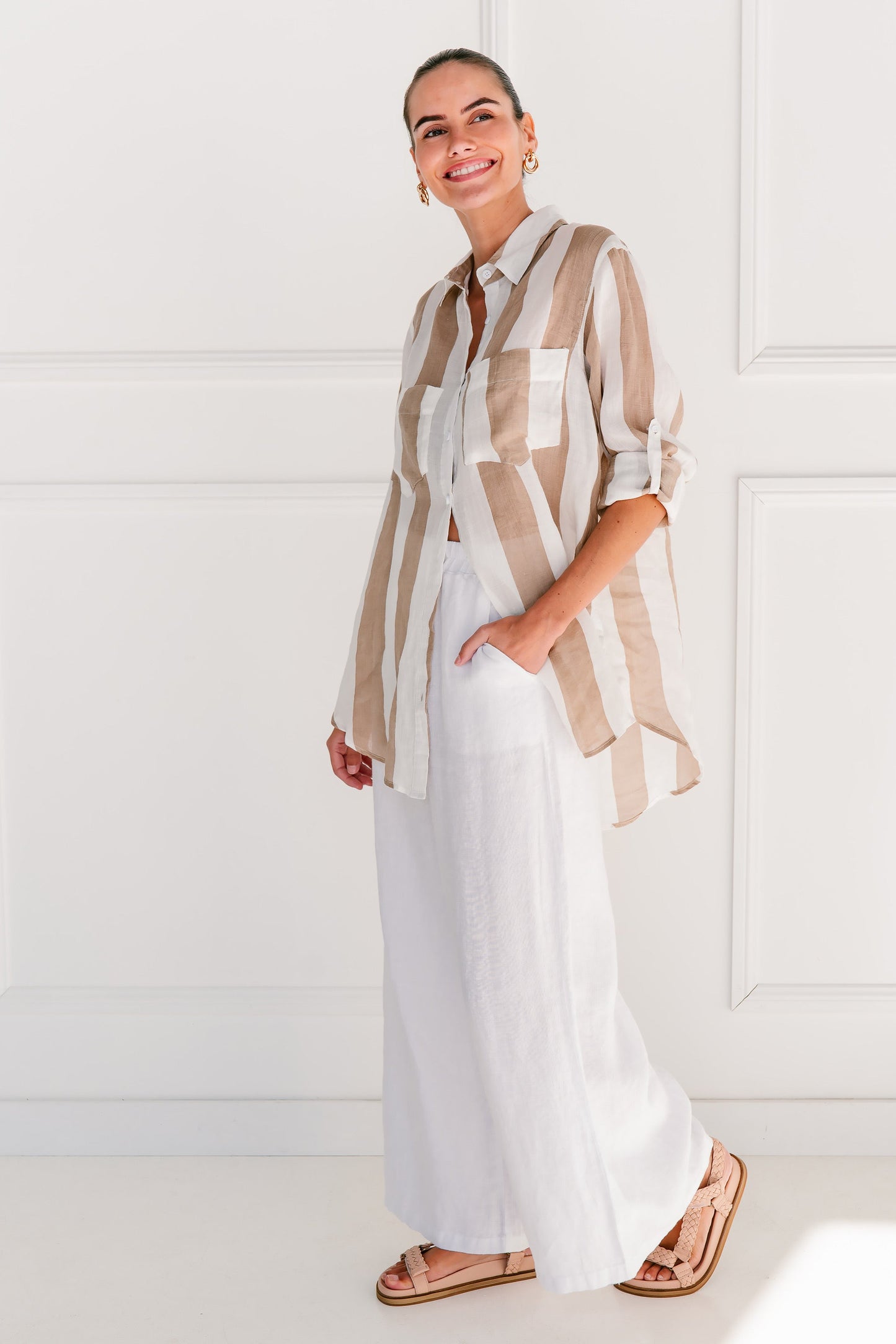 Grace Shirt - Beige/ White Stripe