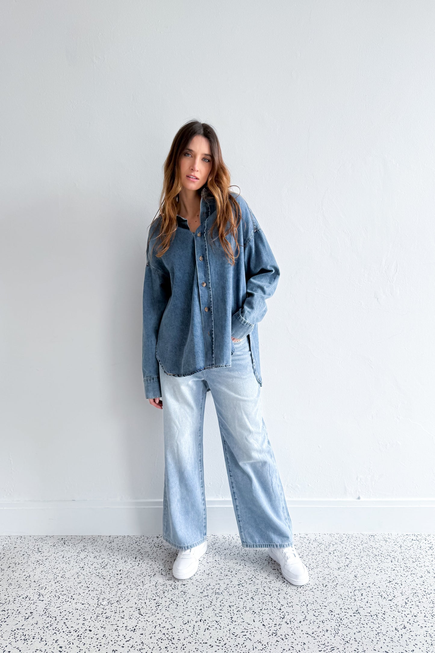 Naomi Pleat Denim Shirt - Mid Wash