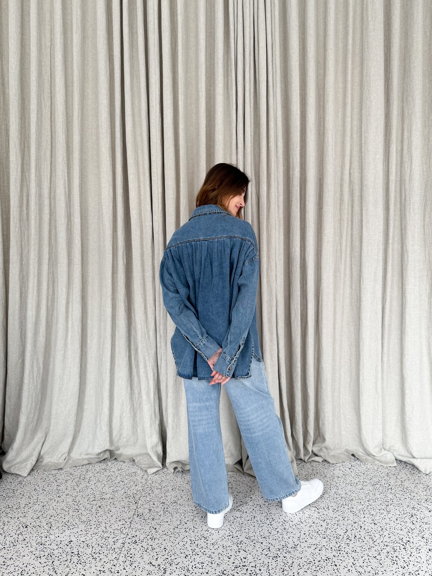 Naomi Pleat Denim Shirt - Mid Wash