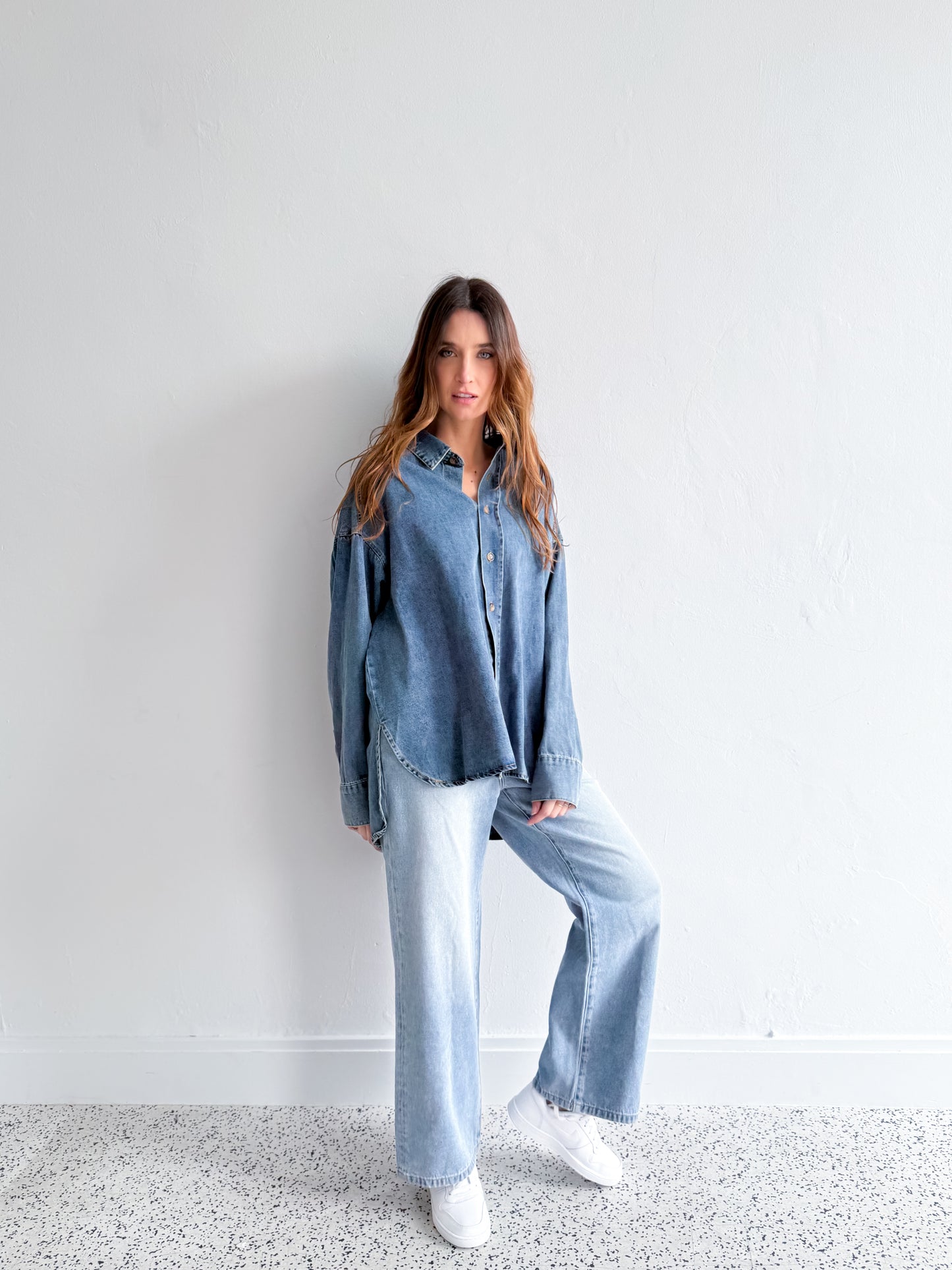 Naomi Pleat Denim Shirt - Mid Wash