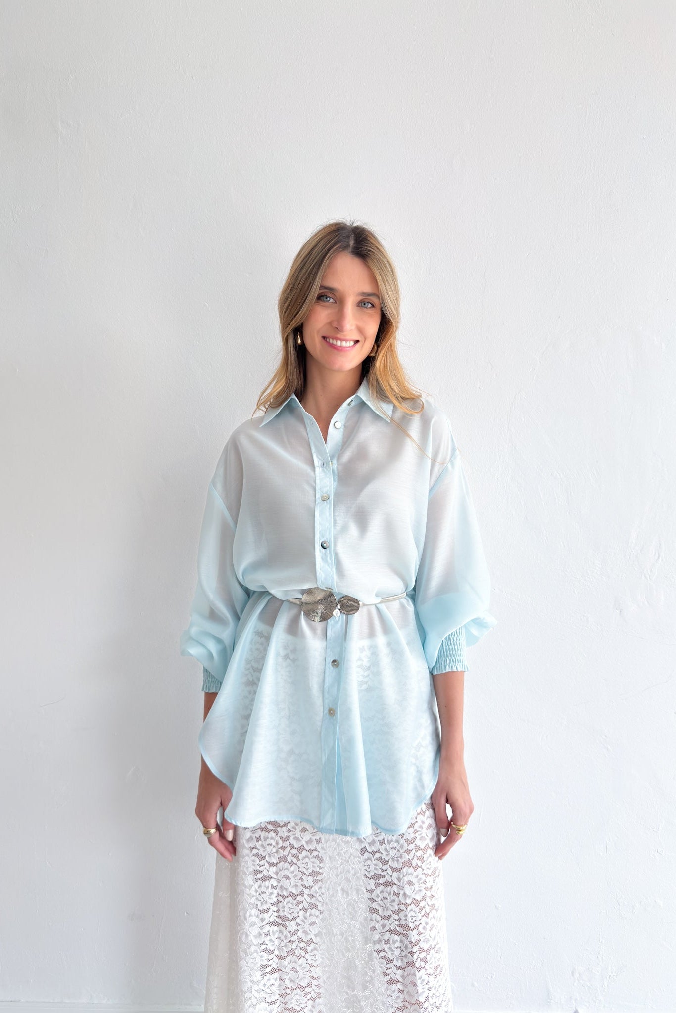 Levi Shirred Cuff Shirt - Ice Blue