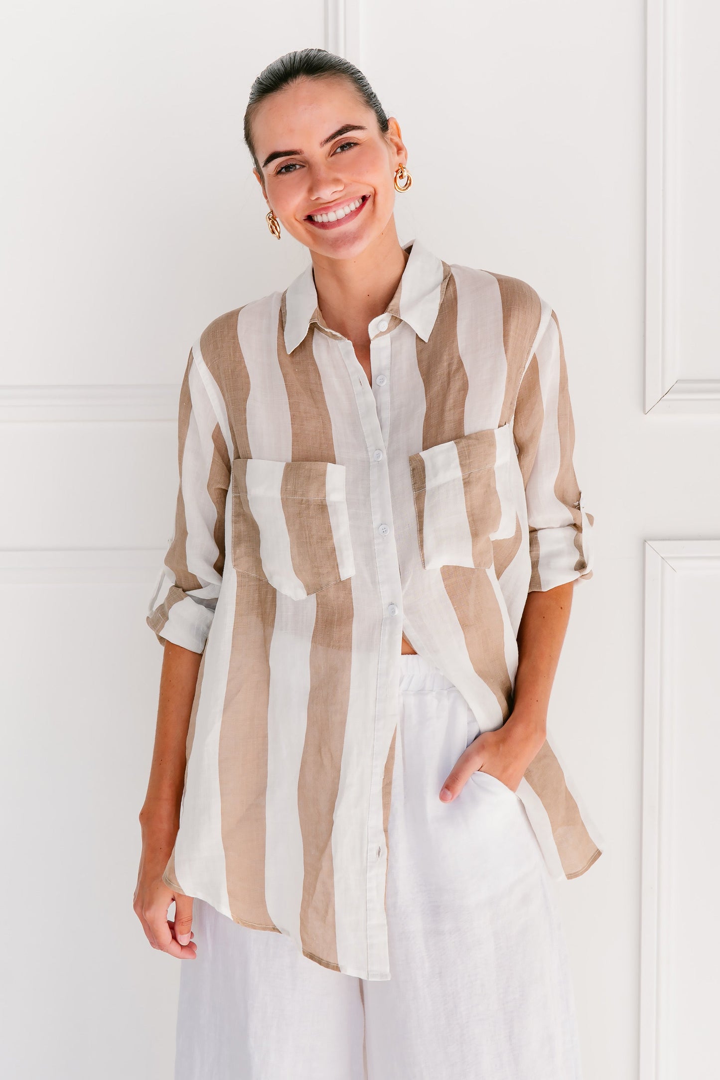 Grace Shirt - Beige/ White Stripe