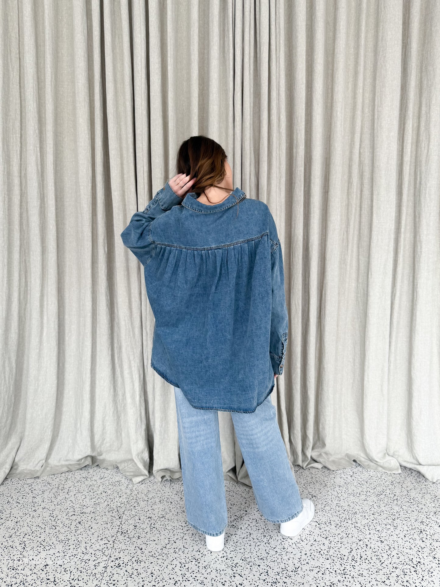 Naomi Pleat Denim Shirt - Mid Wash