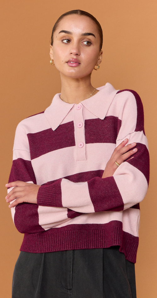 Stefi Rugby Knit - Pink/Burgundy Stripe