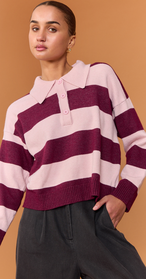 Stefi Rugby Knit - Pink/Burgundy Stripe