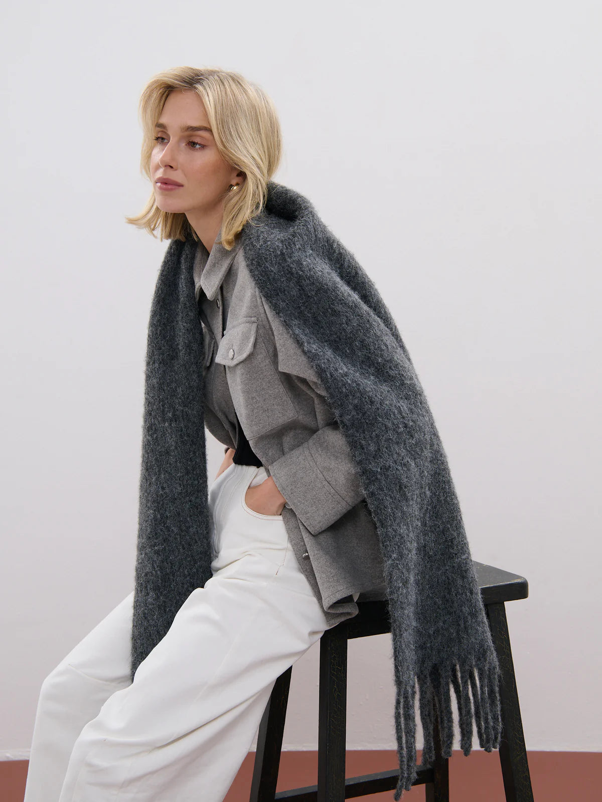 Betty Wool Plain Fluffy Scarf - Charcoal