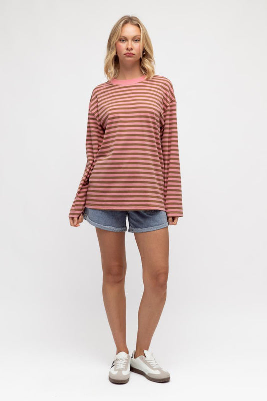 Maddie Long Sleeve Tee - Pink/ Bronze