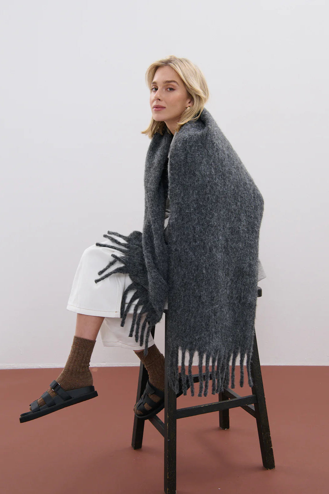 Betty Wool Plain Fluffy Scarf - Charcoal