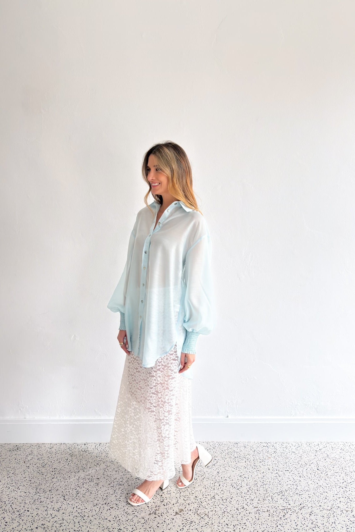 Levi Shirred Cuff Shirt - Ice Blue