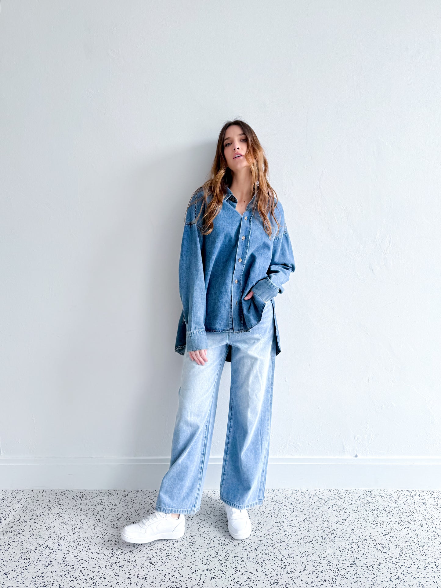Naomi Pleat Denim Shirt - Mid Wash