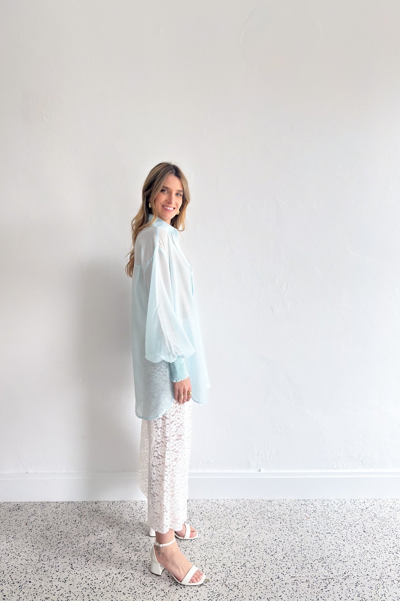 Levi Shirred Cuff Shirt - Ice Blue