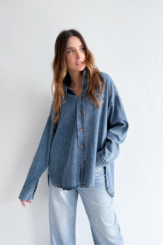 Naomi Pleat Denim Shirt - Mid Wash