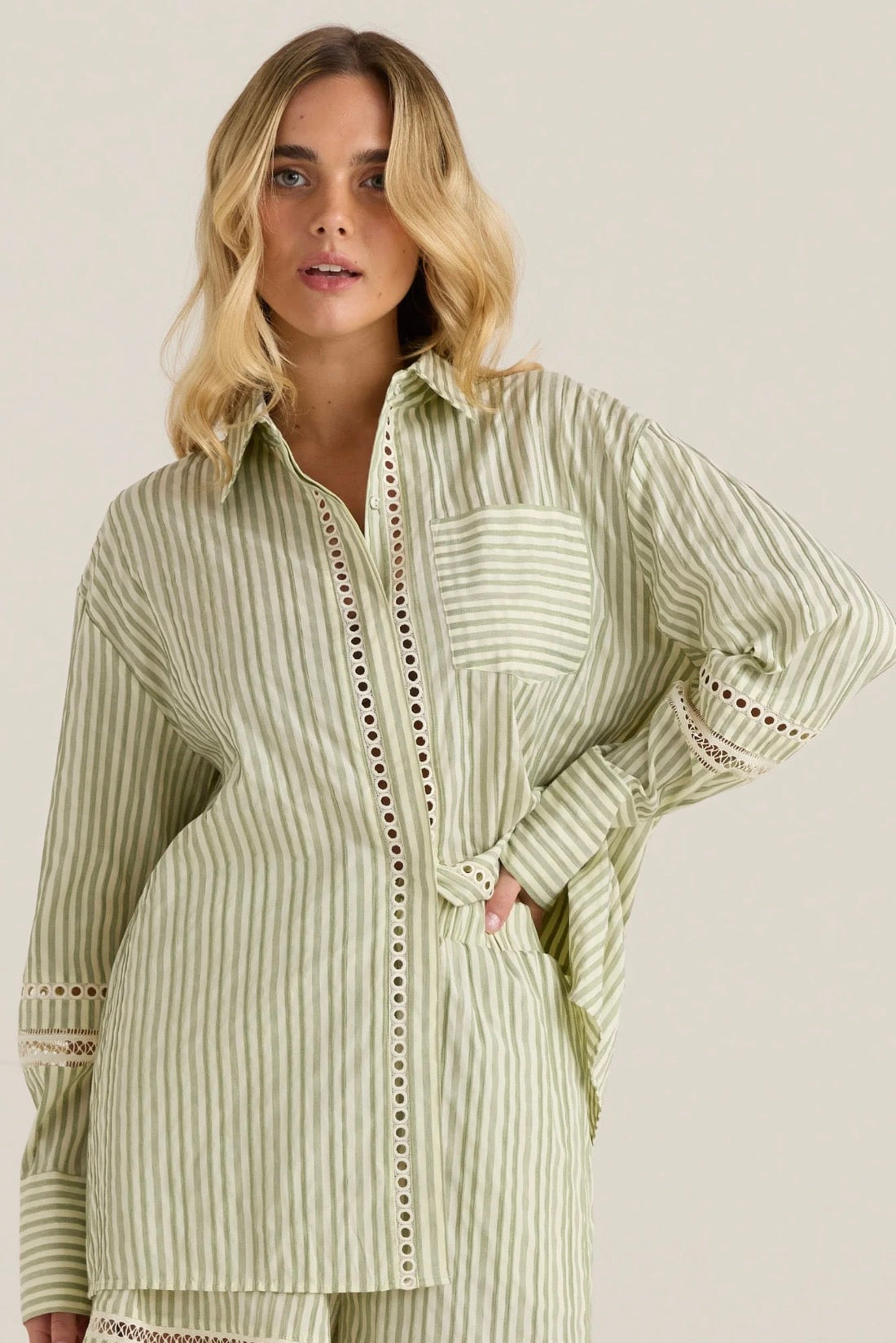 Nerida Trim Shirt - Olive Cream Stripe