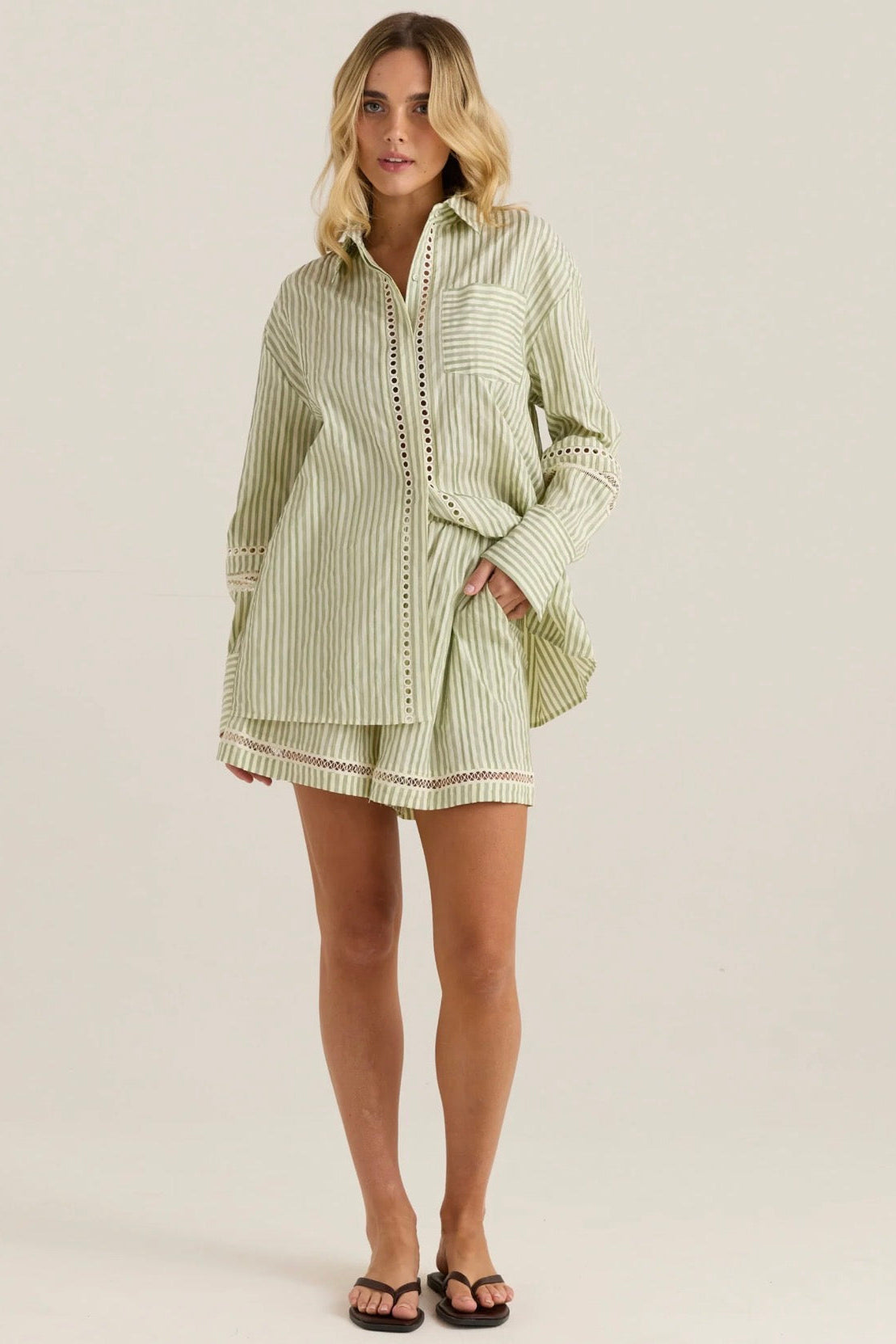Nerida Trim Shirt - Olive Cream Stripe