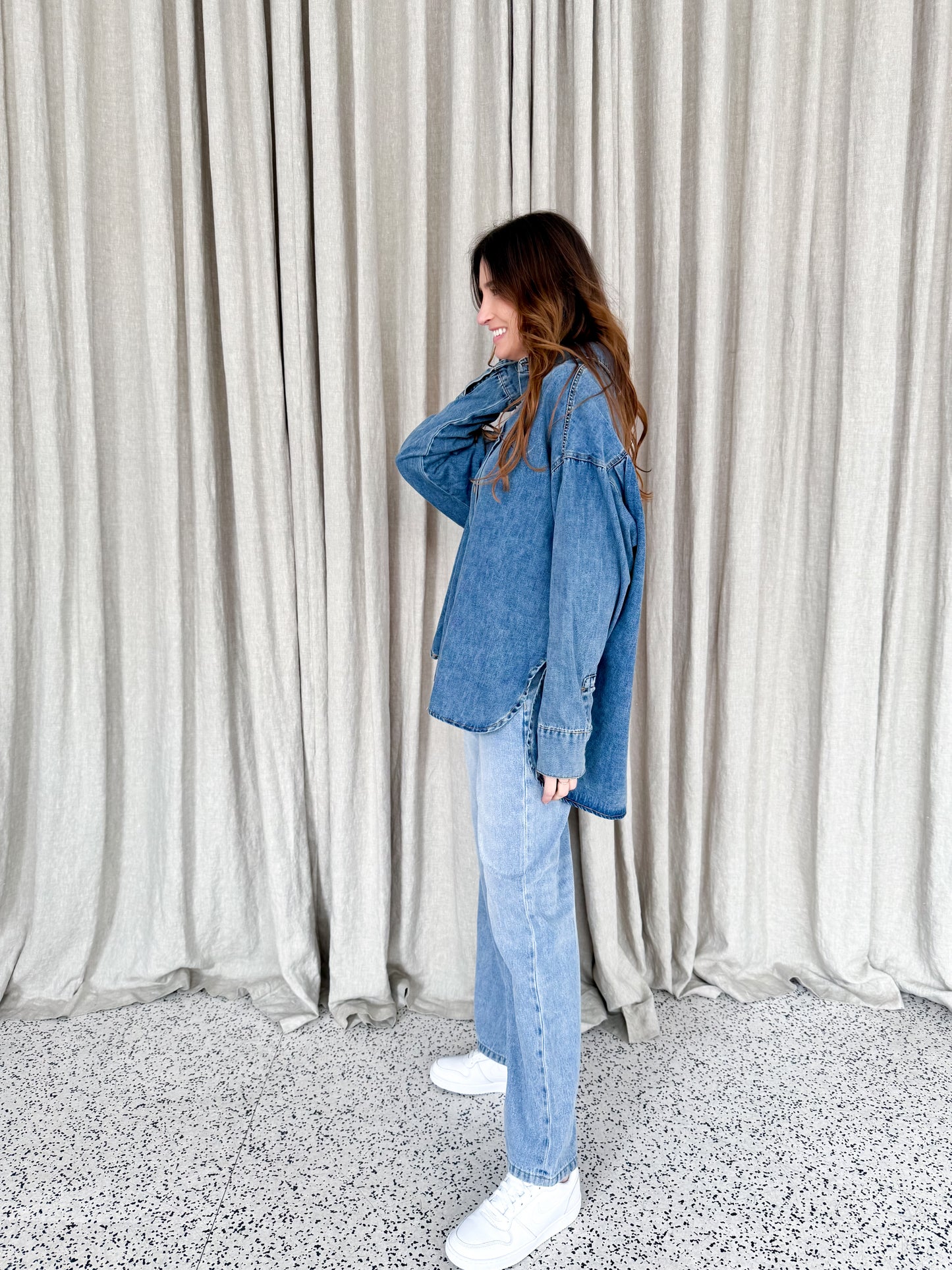 Naomi Pleat Denim Shirt - Mid Wash