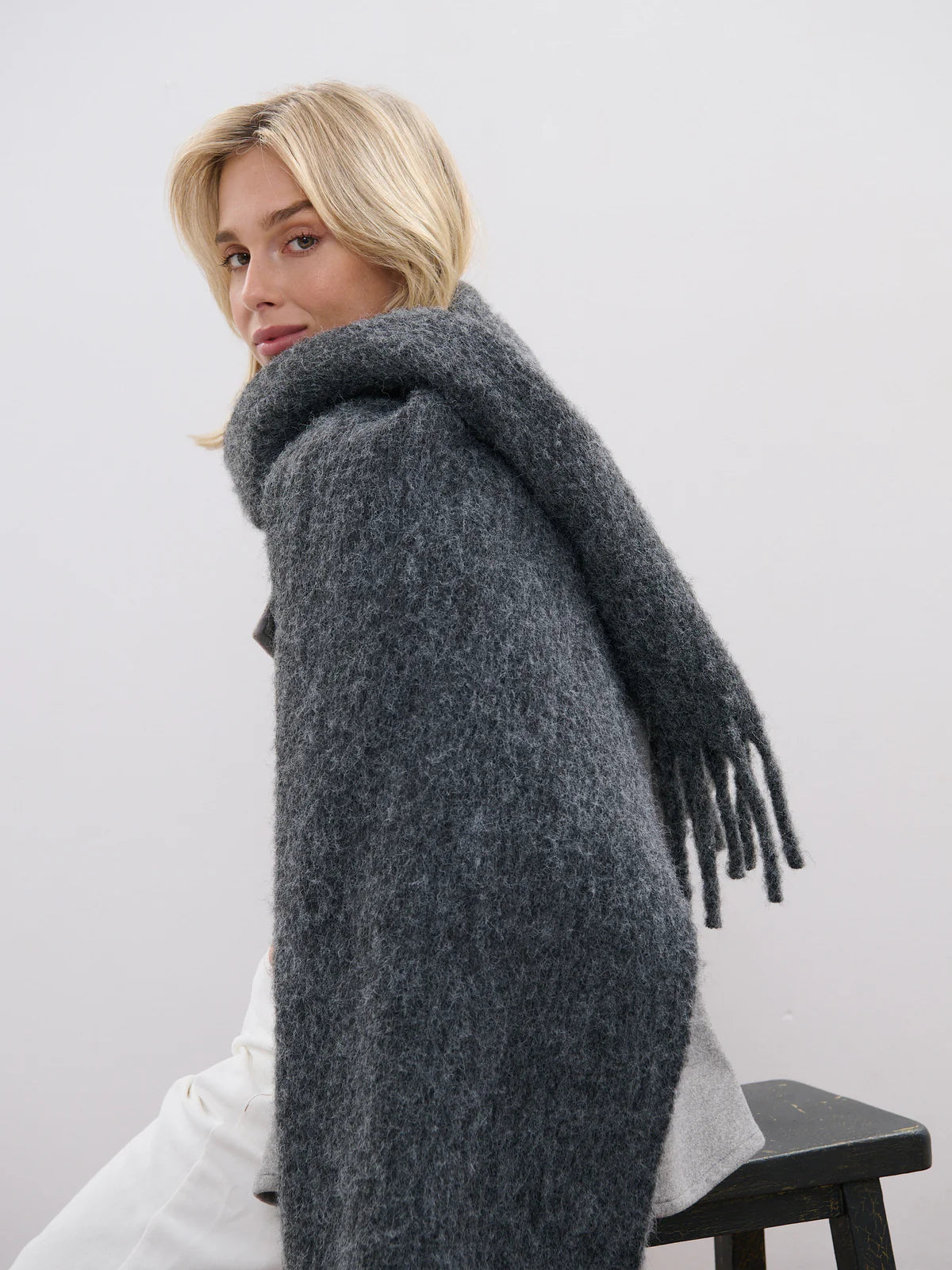 Betty Wool Plain Fluffy Scarf - Charcoal