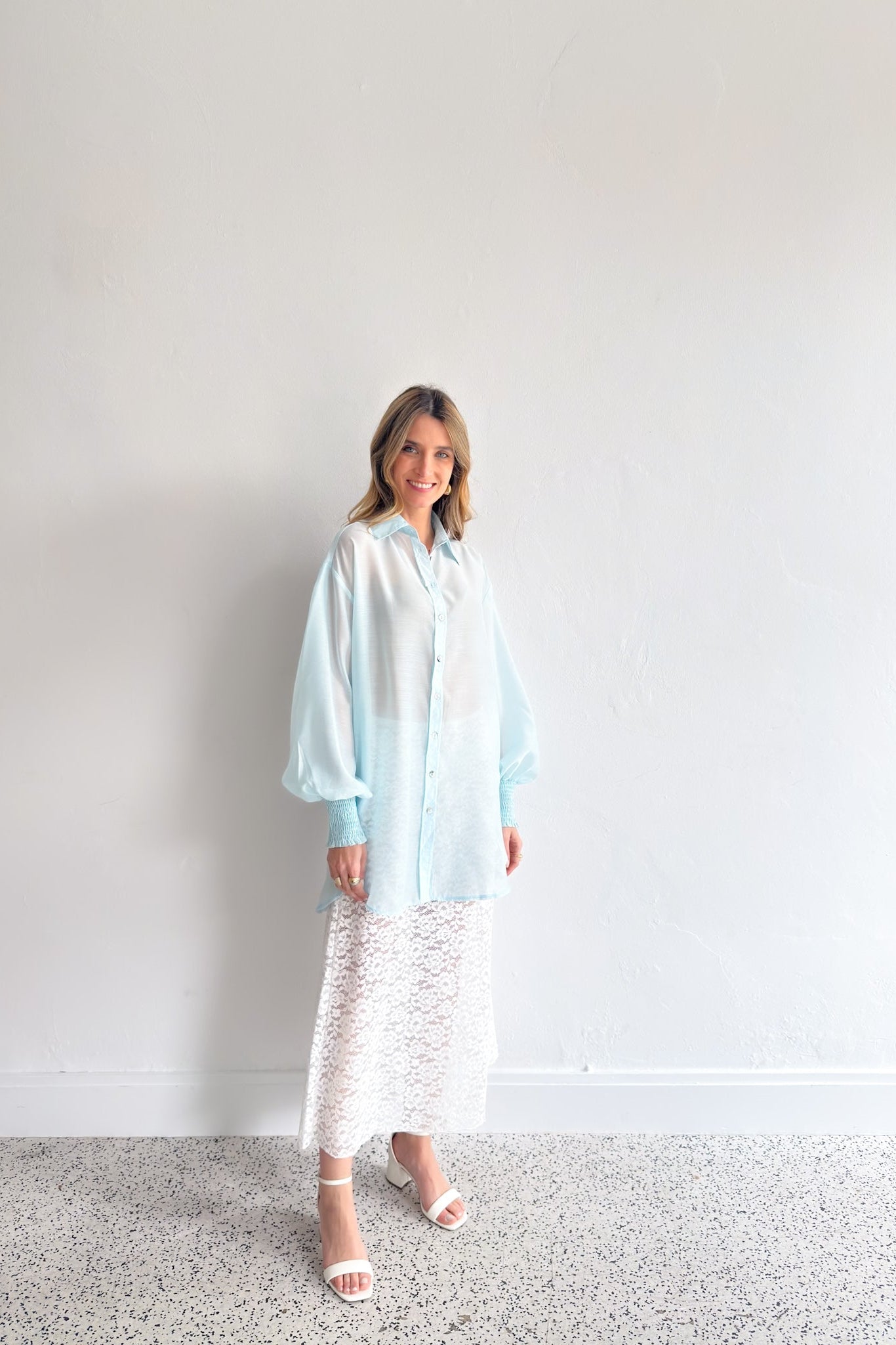 Levi Shirred Cuff Shirt - Ice Blue