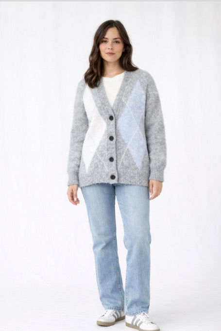 Argyle Cardigan - Blue/Grey