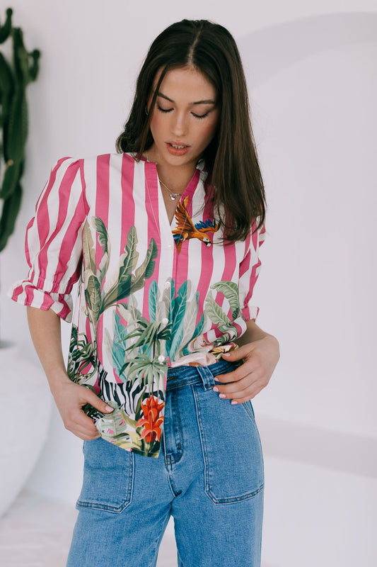Dominican Blouse - Fuschia Stripe