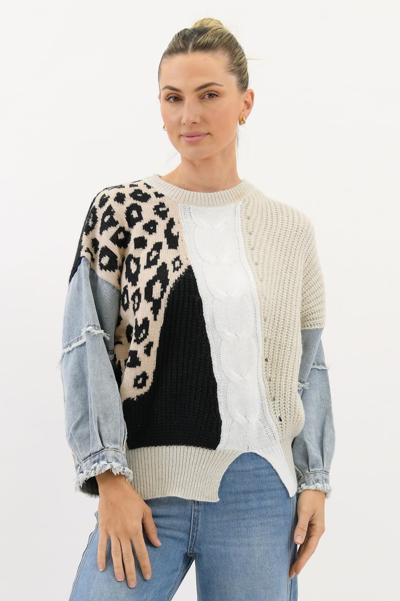 Tessa Leopard Knit with Denim Sleeve