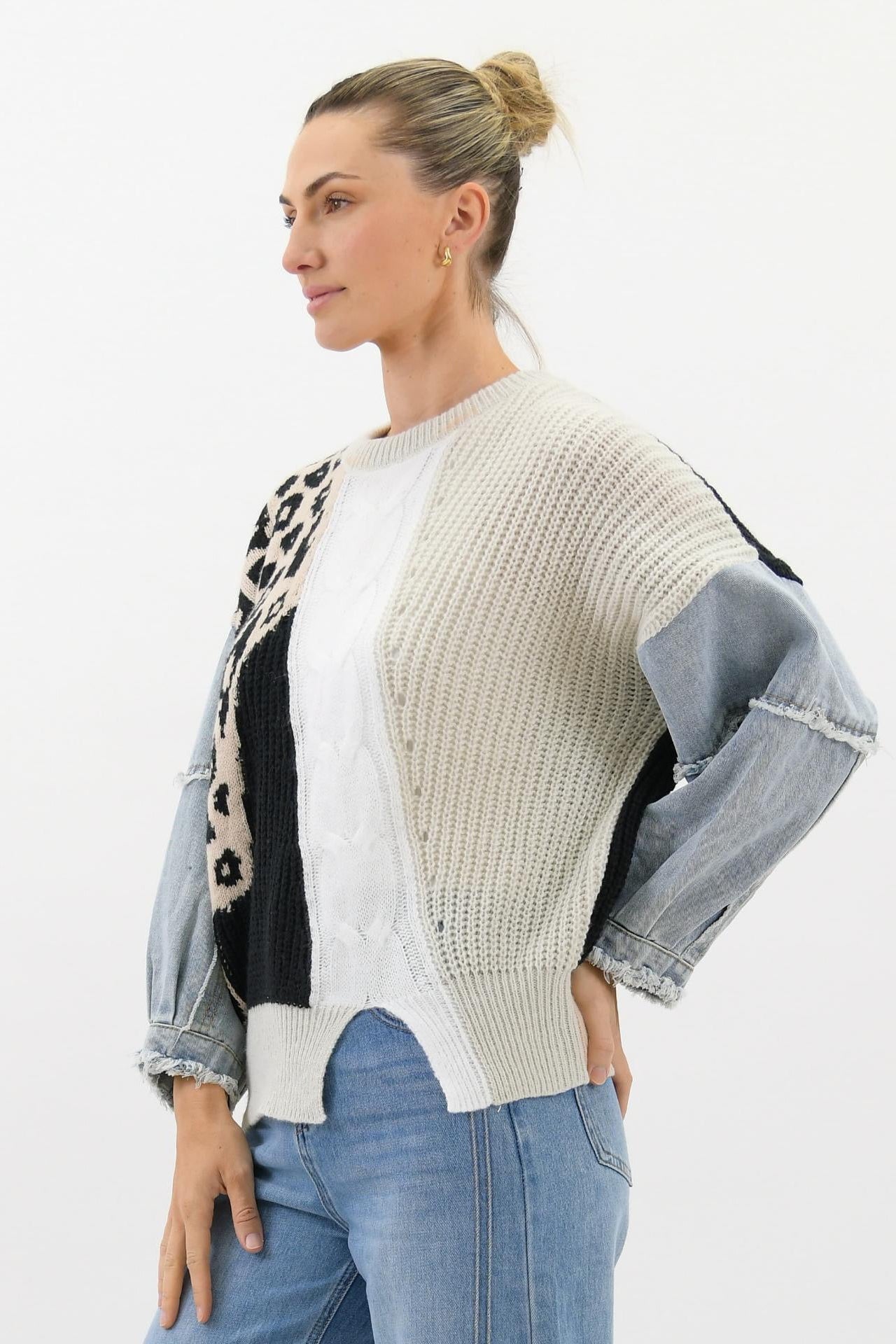 Tessa Leopard Knit with Denim Sleeve