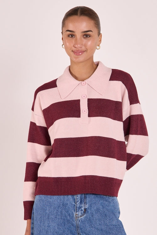 Stefi Rugby Knit - Pink/Burgundy Stripe