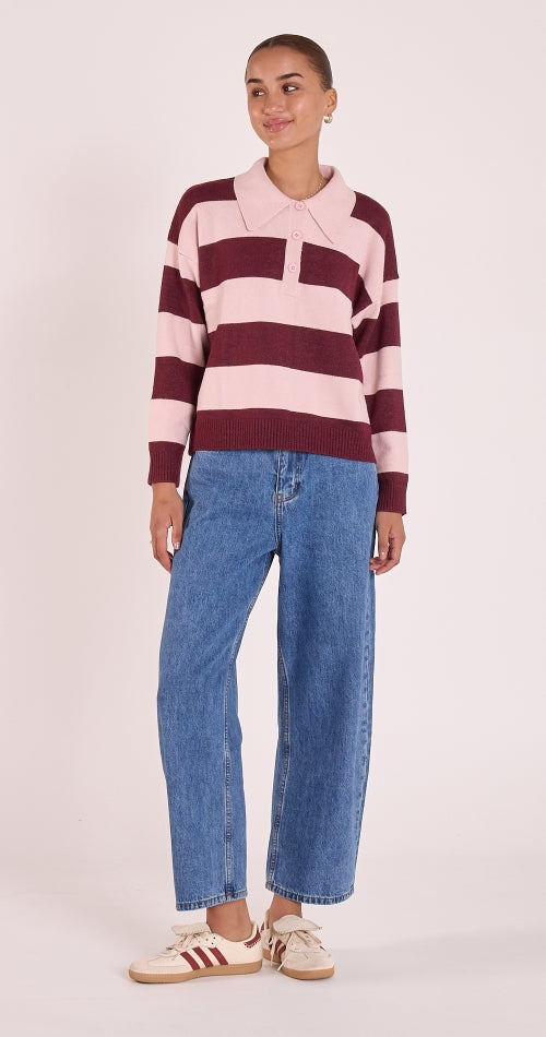 Stefi Rugby Knit - Pink/Burgundy Stripe