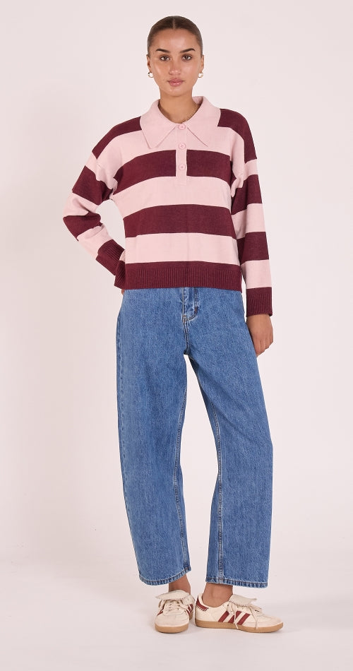 Stefi Rugby Knit - Pink/Burgundy Stripe