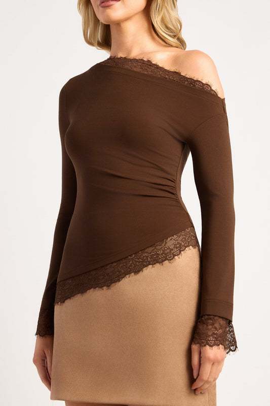 Minnie Asymmetrical Lace Top - Chocolate